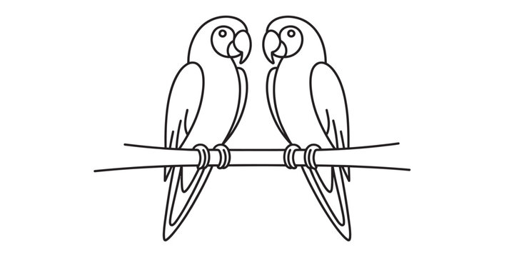 Two parrots sitting on a branch, black and white illustration