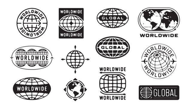 Global, Worldwide, International Badges, Logos, and Icons Set, Black and White Vector Graphics
