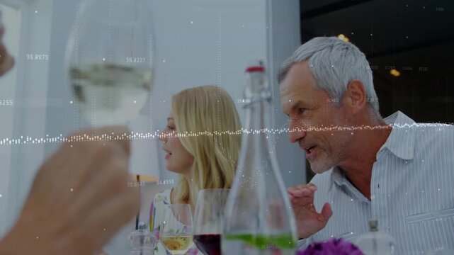 Left hand lifting wine glass causing man speaking woman listening meal bottle waveform overlaying