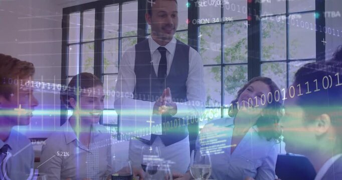 Server serving plates, diners picking forks, eating business lunch, binary chart overlay