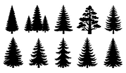 Obraz premium Wild Forest Tree Silhouettes – Black Vector Evergreen and Conifer Shapes