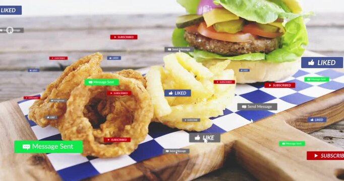 Burger and sides starting with like badge popping, badges growing and crowding for social media