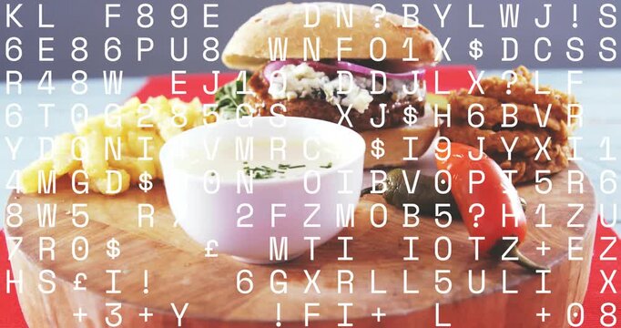 Burger and bowl sitting on board, overlay animation starting, revealing burger for food marketing