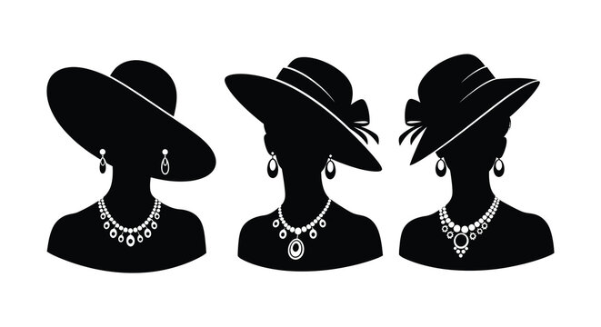 Three black silhouette busts of women wearing hats and jewelry showcasing fashion accessories in profile views