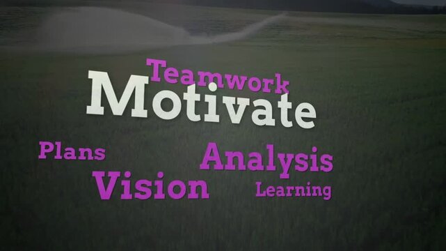 Fading overlay sparking words cycling over field with spray arc showing Education Motivate Careers