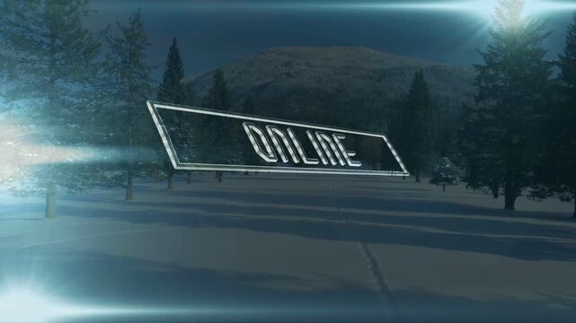 Sun flare sparking floating 3D ONLINE badge rotating, letters rising, outlining, showing tech