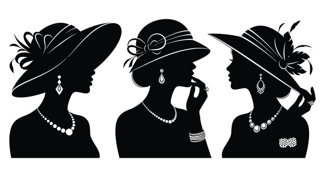 Three elegant women in silhouette wearing stylish hats and jewelry