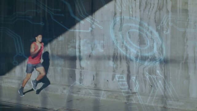 Circuit overlay appearing triggers runner running across sunlit concrete wall showing tech contrast