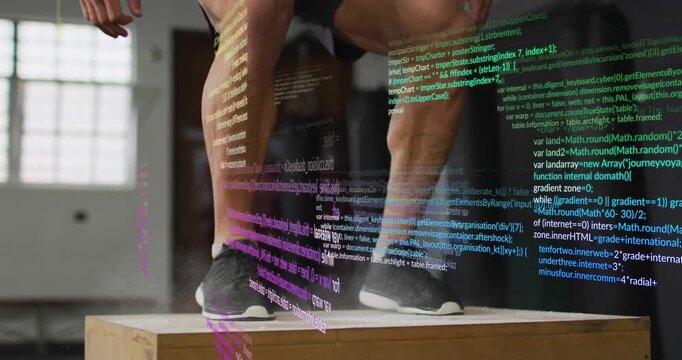 Jumping blue-tee man crouching, arm-driving, landing on plyo box at gym, conditioning, code overlay