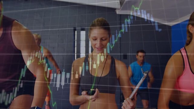 Timer beeping starting circuit trainer timing and cueing for rounds group doing sets charts rising