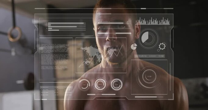 Vertical video: Raising muscular shirtless man sweeping arms across HUD at gym, updating gauges