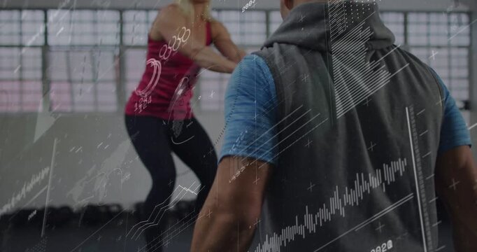 Woman stepping forward and starting plyo jumps, coach watching while data overlays tracking reps