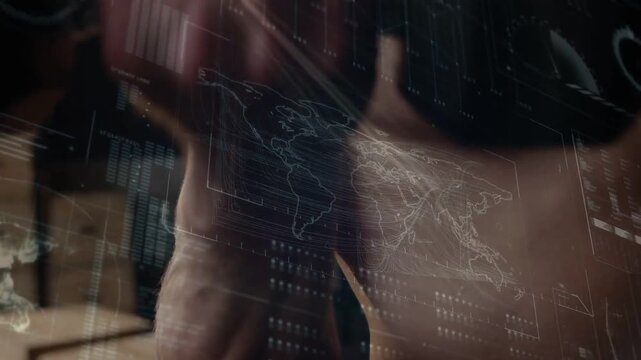 Moving shirtless man in dark shorts sweeping arm across torso in storage, HUD overlay and boxes