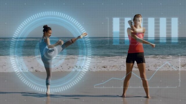 Left woman starting fitness routine, kicking high on beach while right woman punching, HUD tracking