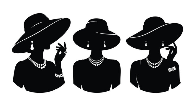 Three women in hats silhouette portrait with jewelry and hats