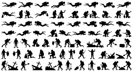Underwater Treasure Recovery Silhouettes Set Pack. Editable Vector Stroke Illustration. featuring diver, scuba, diving, underwater, exploration, silhouette, vector, graphic, illustration, design more © MasterTech