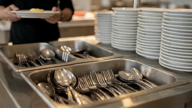 Stainless buffet cutlery station capturing the gleam of metal trays and cutlery in crisp focus plates stacked neatly with blurred diners in the background.