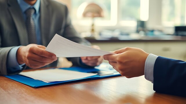 Businessman hands exchanging documents at office desk with contract