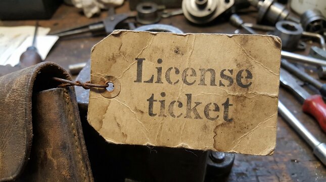 Old paper license ticket tag hanging in a cluttered industrial garage.