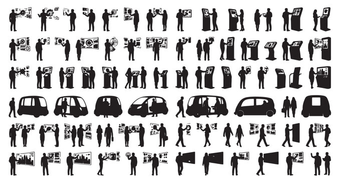 Futuristic Smart City Citizens Silhouettes Set Pack. Editable Vector Stroke Illustration. featuring vector, silhouette, people, technology, kiosk, touchscreen, futuristic, interface, interaction more