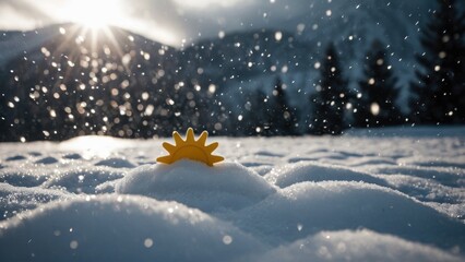 Naklejka premium A bright yellow toy sits atop snowy terrain, perfect for winter scenes or children's play