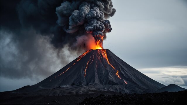 A volcanic eruption sends black smoke high into the air, with ash and lava flowing from the crater