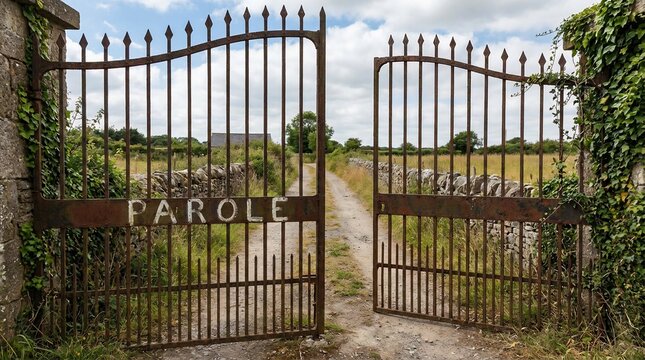 Old rusty wrought iron gate with the word Parole opening to a rural countryside path.