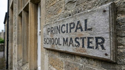 Naklejka premium Old weathered wooden Principal School Master sign on a historic stone building.