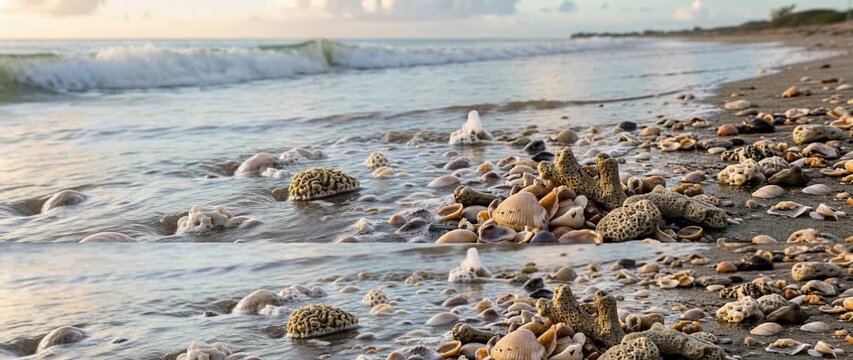 Coastal Erosion And Climate Change Concept Waves Washing Over Shells And Rocks On Beach B-Roll Footage For Environmental.