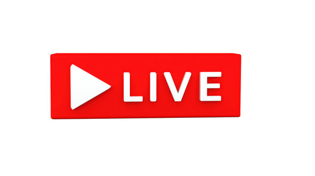 Sleek 3D bright red rectangular button with a white play icon and LIVE text for digital streaming and video broadcasting isolated on transparent background.
