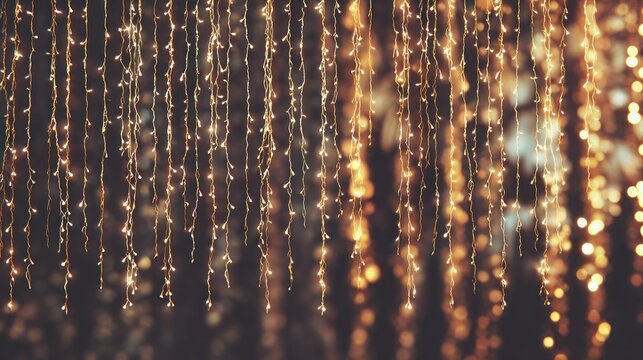 Decorative string lights with bokeh effect create warm ambiance background