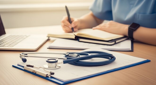 Professional Healthcare Worker Writing Medical Notes in a Clinic Office with Stethoscope and Clipboard on Desk, High-Quality Stock Photo for Medical Industry Marketing, Healthcare Documentation