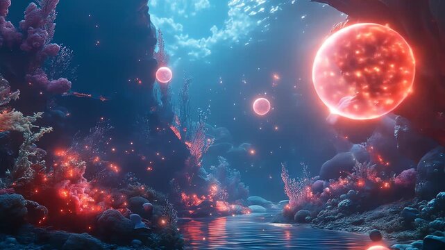 Abstract underwater scene with glowing orbs and vibrant coral formations