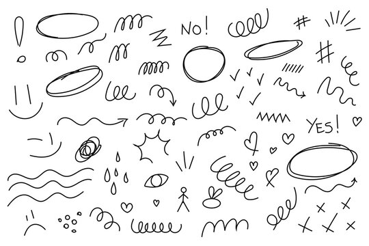 Black hand drawn doodle marks set. Sketch emphasis elements: circles, arrows, hearts, checkmarks, underlines and scribbles. High-res PNG vector icons for UI design, social media and branding use