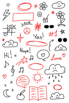 Hand drawn doodle icon set of emphasis elements: circles, stars, hearts, peace sign, sun, book, speech bubble and notes. High-res sketch icons, stickers for social media, branding and UI design 
