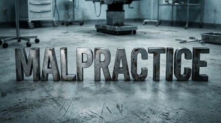 Naklejka premium Malpractice text in 3D letters on the floor of a dark and gritty operating room.