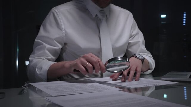 Person examining a document using a magnifying glass, focusing on fine print and terms in a legal agreement, working late. Audit and overworking concepts
