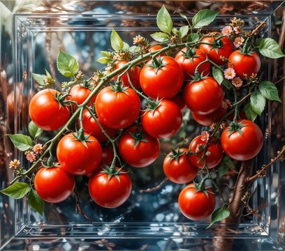 Fresh tomatoes as healthy food with copy space in natural frame composition
