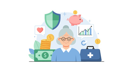 Fototapeta premium Senior Retirement Planning: Elderly Woman with Financial Savings, Health Care, Investment, and Security Shield Flat Illustration