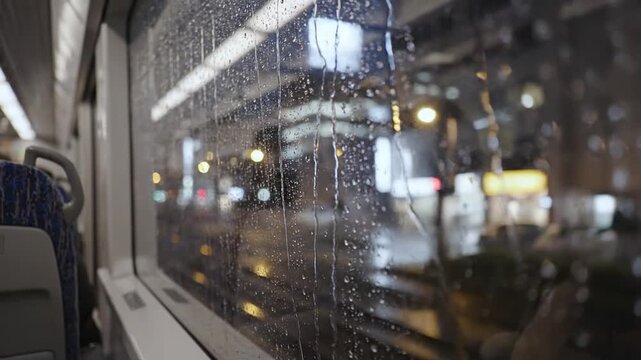 Raindrops on a train window with city lights at night