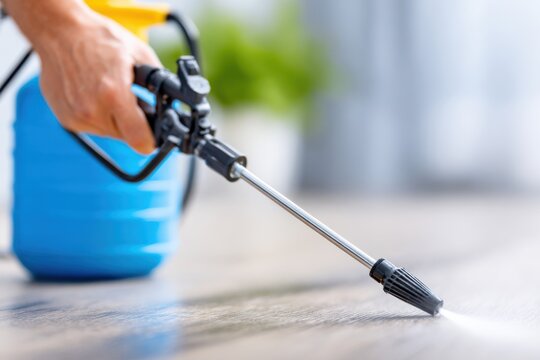 Pest control technician applying treatment with a sprayer on wooden floor, blue spray tank visible in the background, indoor setting with blurred greenery
