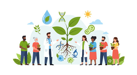 Fototapeta premium Global Eco-Science & Biotechnology: Diverse Researchers and Community Nurture Sustainable Growth, Genetic Health, and Environmental Innovation