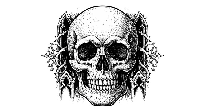 A detailed illustration of a human skull with ornate designs.