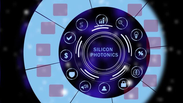 High tech silicon photonics hud interface for smart networking tutorials, digital hardware design and global tech growth