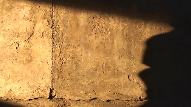 Shadow of a man in flat cap on textured wall