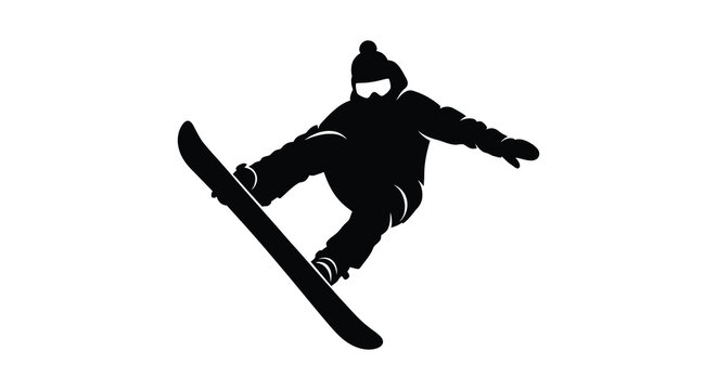 Snowboarder in mid air silhouette performing a trick on a snowboard