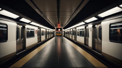 Obraz premium A subway train enters the station with its doors open, ready for passengers to board