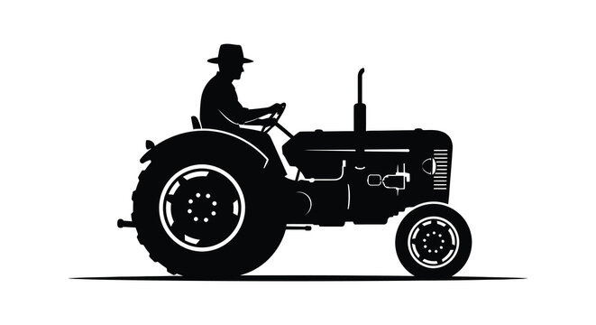 Silhouette of a man driving a vintage tractor in profile view