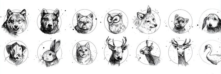 Naklejka premium Nine Hand-Drawn Animal Portraits in Circles Featuring Wolf, Bear, Fox, Owl, Rabbit, Deer, Hedgehog, Swan, and Horse in Black Ink Sketch Style