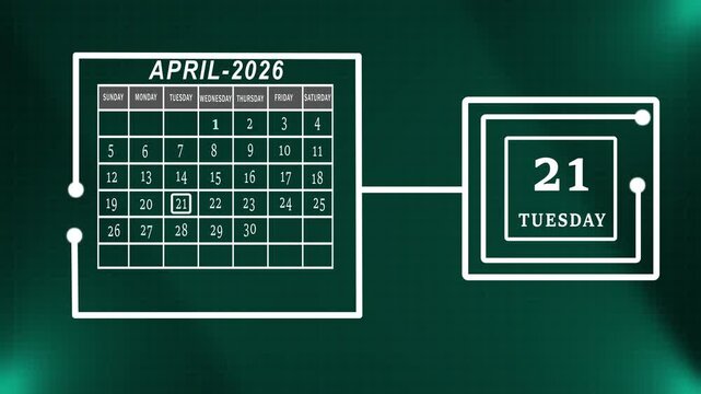Professional April 2026 Monthly Calendar Featuring Weekly Highlight  Technical Green Grid Layout. 4k Vedio
